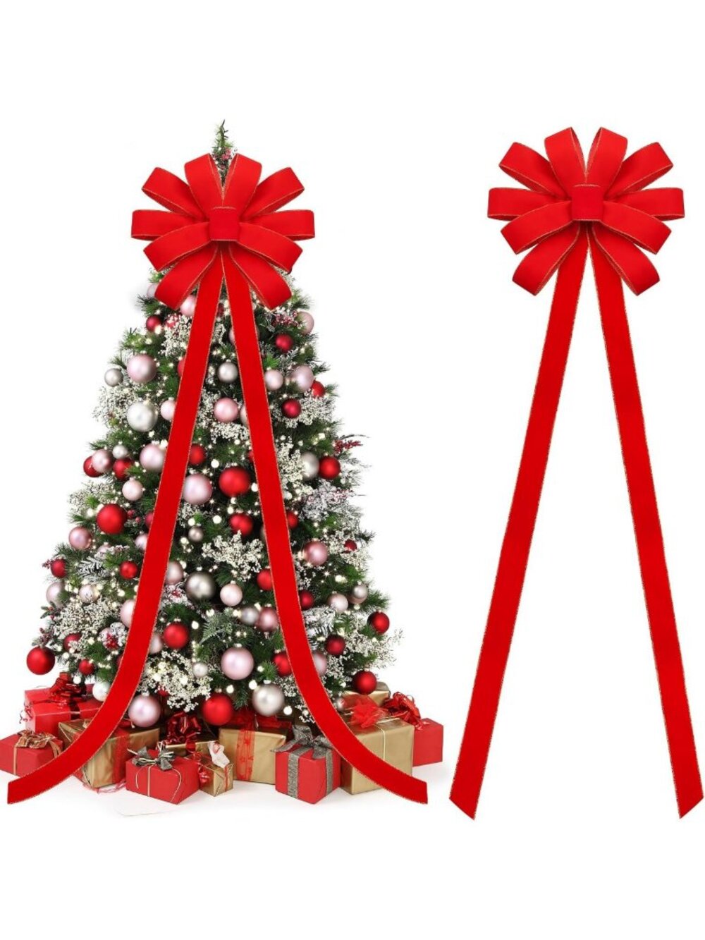 Extra Large Red Velvet Christmas Bows - 118x28 Inches, Glitter Gold Edge, Wreath